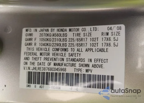 2008 Honda Cr-V Ex-L from USA, damaged, VIN JHLRE38768C045968